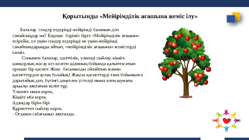Балалар сендер өздеріңді мейірімді баламын деп санайсыңдар ма? Ендеше бәріміз бірге «Мейірімділік ағашын» өсірейік, ол ү