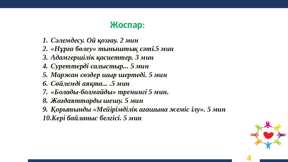 Жоспар: 4 1.Сәлемдесу. Ой қозғау. 2 мин 2.«Нұрға бөлеу» тыныштық сәті.5 мин 3.Адамгершілік қасиеттер. 3 мин 4.Суреттерді салысты