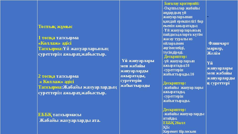 Топтық жұмыс 1 топқа тапсырма «Коллаж» әдісі Тапсырма:Үй жануарларының суре