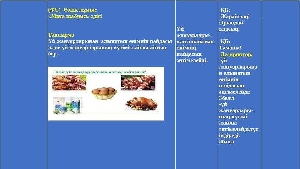 (ФС) Өздік жұмыс «Миға шабуыл» әдісі Тапсырма Үй жануарларынан алынатын ө