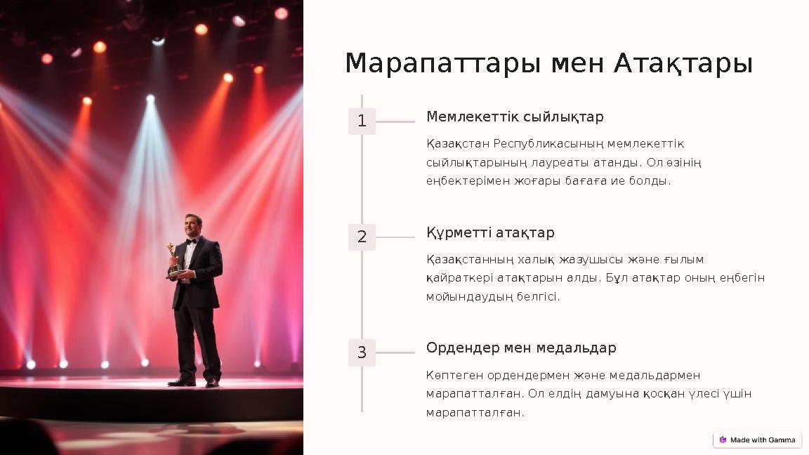 Марапаттары мен Атақтары 1 Мемлекеттік сыйлықтар Қазақстан Республикасының мемлекеттік сыйлықтарының лауреаты атанды. Ол өзінің
