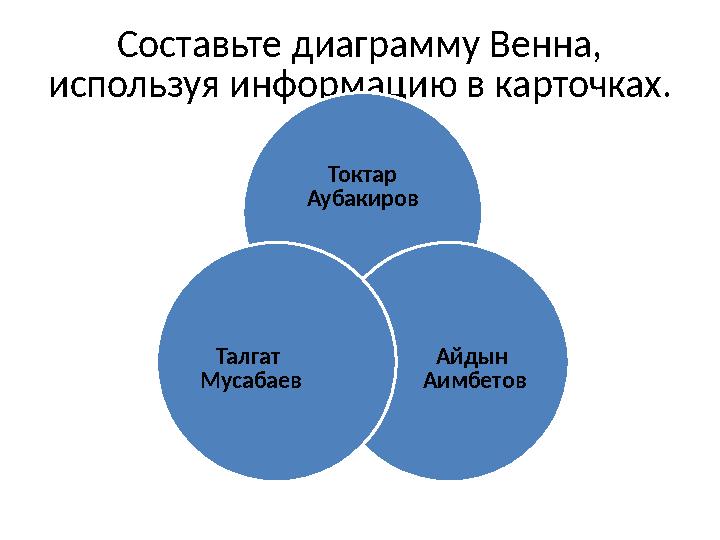 Составьте диаграмму Венна, используя информацию в карточках. Токтар Аубакиров Айдын Аимбетов Талгат Мусабаев Составьте диаграмму Венна, используя информацию в карточках. Токтар Аубакиров Айдын Аимбетов Талгат Мусабаев