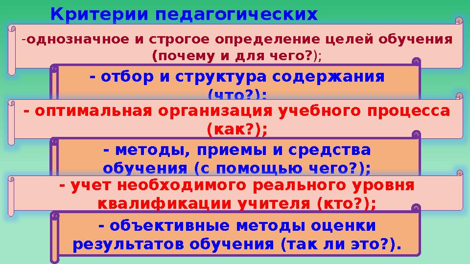 Критерии педагогических технологий:-однозначное и строгое определение целей обучения (почему и для чего? ); - отбор и структу