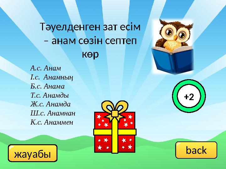 жауабы Тәуелденген зат есім – анам сөзін септеп көр А.с. Анам І.с. Анамның Б.с. Анама Т.с. Анамды Ж.с. Анамда Ш.с. Анамнан