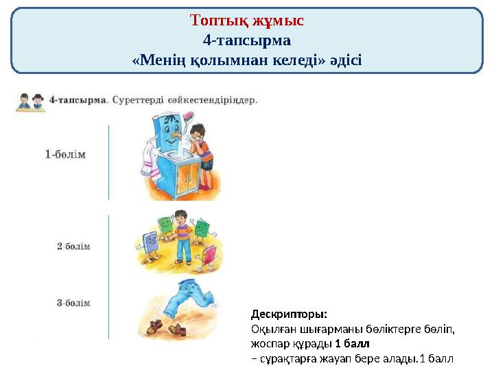 Топтық жұмыс 4-тапсырма «Менің қолымнан келеді» әдісі Дескрипторы: Оқылған шығарманы бөліктерге бөліп, жоспар құрады 1 балл –