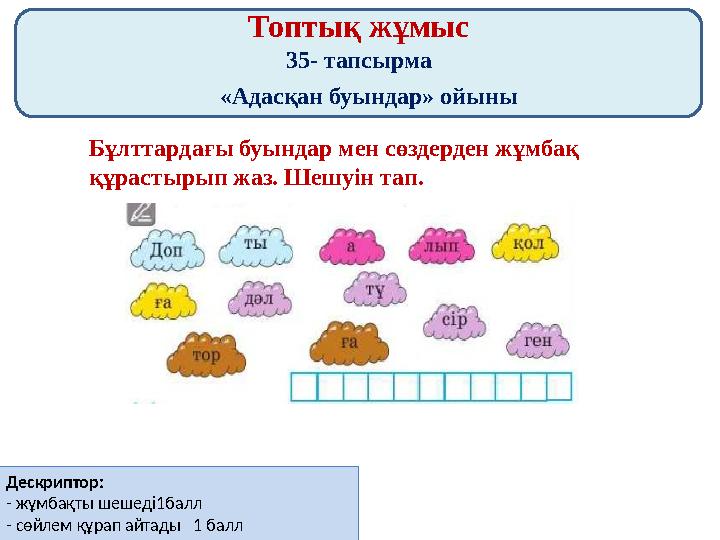 Топтық жұмыс 35- тапсырма «Адасқан буындар» ойыны Бұлттардағы буындар мен сөздерден жұмбақ құрастырып жаз. Шешуін тап. Дескрипт