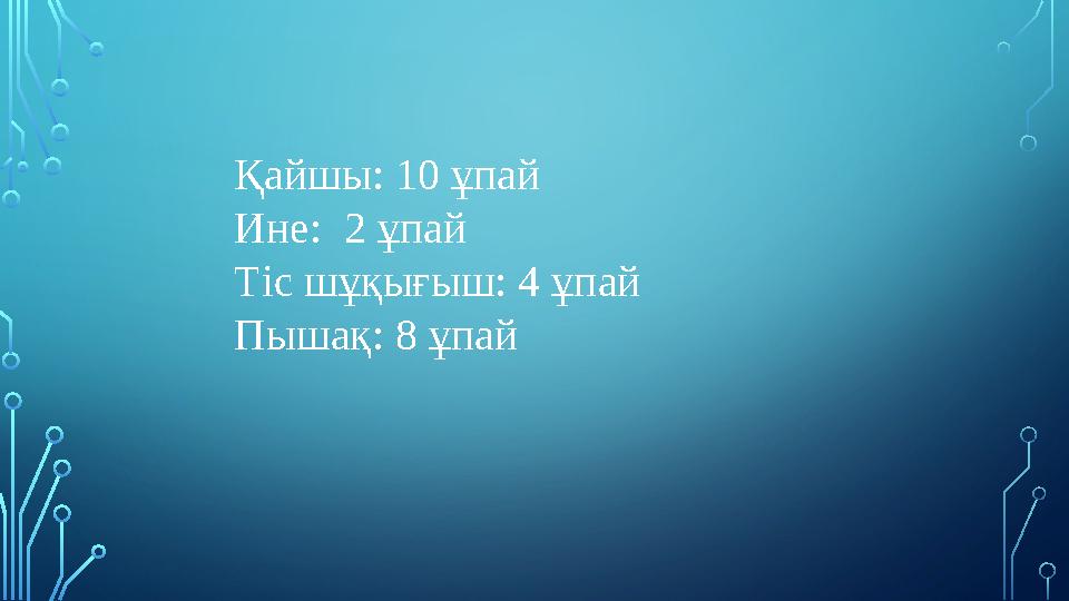 Қайшы: 10 ұпай Ине: 2 ұпай Тіс шұқығыш: 4 ұпай Пышақ: 8 ұпай Қайшы: 10 ұпай Ине: 2 ұпай Тіс шұқығыш: 4 ұпай Пышақ: 8 ұпай