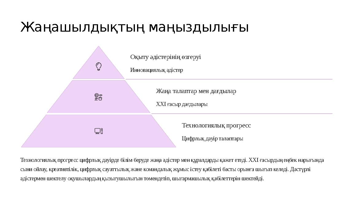 Жаңашылдықтың маңыздылығы Оқыту әдістерінің өзгеруі Инновациялық әдістер Жаңа талаптар мен дағдылар XXI ғасыр дағдылары Технолог Жаңашылдықтың маңыздылығы Оқыту әдістерінің өзгеруі Инновациялық әдістер Жаңа талаптар мен дағдылар XXI ғасыр дағдылары Технолог