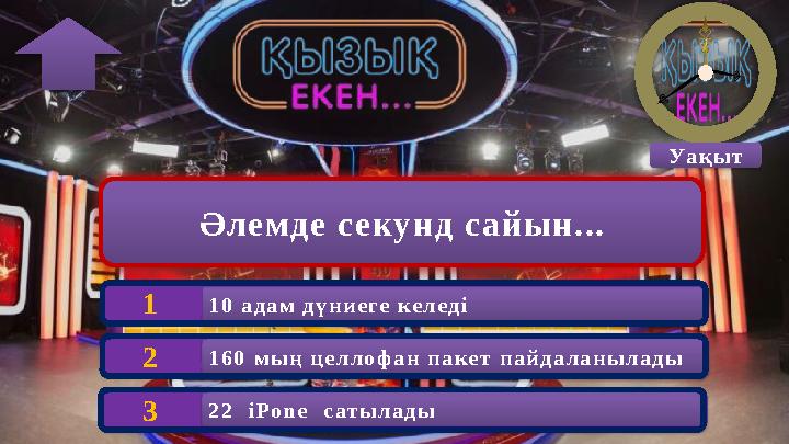 Әлемде секунд сайын... 160 мың целлофан пакет пайдаланылады 2 Уақыт 22 iPone сатылады 3 10 адам дүниеге келеді 1