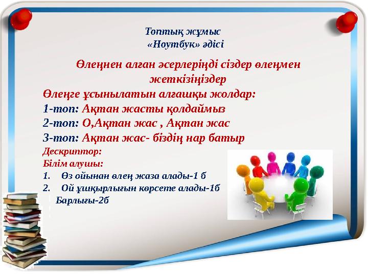 Топтық жұмыс «Ноутбук» әдісі Өлеңнен алған әсерлеріңді сіздер өлеңмен жеткізіңіздер Өлеңге ұсынылатын алғашқы жолдар: 1-топ: Топтық жұмыс «Ноутбук» әдісі Өлеңнен алған әсерлеріңді сіздер өлеңмен жеткізіңіздер Өлеңге ұсынылатын алғашқы жолдар: 1-топ: