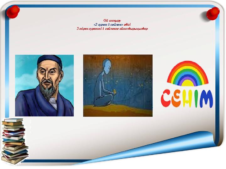 Ой шақыру «3 сурет 1 сөйлем» әдісі 3 тірек суретті 1 сөйлемге айналдырыңыздар Ой шақыру «3 сурет 1 сөйлем» әдісі 3 тірек суретті 1 сөйлемге айналдырыңыздар