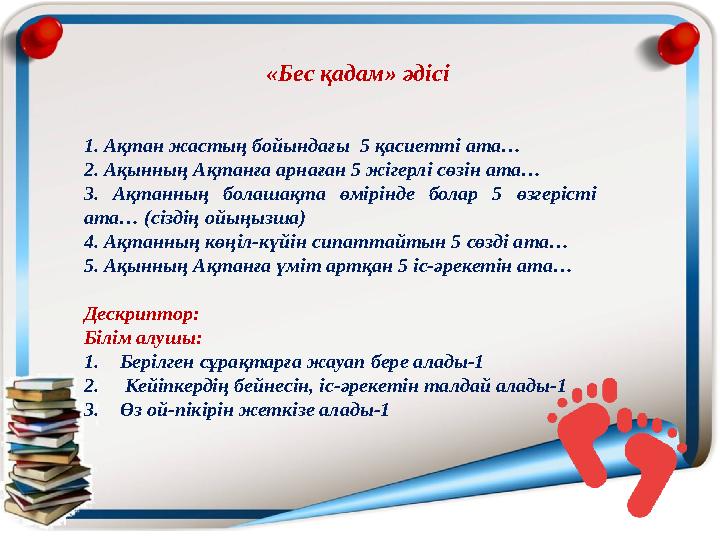 «Бес қадам» әдісі 1. Ақтан жастың бойындағы 5 қасиетті ата… 2. Ақынның Ақтанға арнаған 5 жігерлі сөзін ата… 3. Ақтанның болашақ «Бес қадам» әдісі 1. Ақтан жастың бойындағы 5 қасиетті ата… 2. Ақынның Ақтанға арнаған 5 жігерлі сөзін ата… 3. Ақтанның болашақ