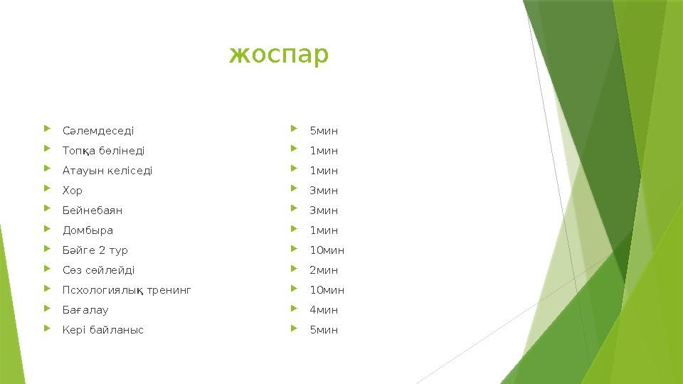 жоспар Сәлемдеседі Топқа бөлінеді Атауын келіседі Хор Бейнебаян Домбыра Бәйге 2 тур Сөз сөйлейді Псхоло