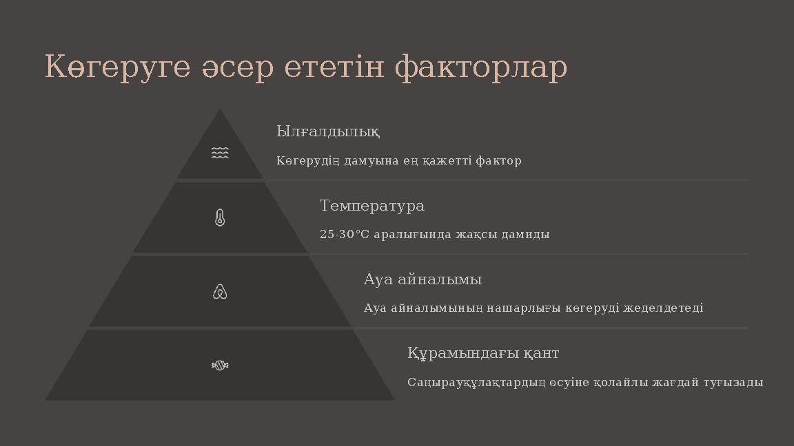 Көгеруге әсер ететін факторлар Ылғалдылық Көгерудің дамуына ең қажетті фактор Температура 25-30°C аралығында жақсы дамиды Ауа ай