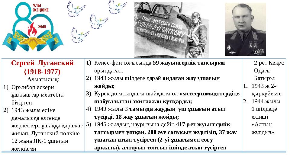 Сергей Луганский (1918-1977) Алматылық: 1)Орынбор әскери ұшқыштар мектебін бітірген 2)1943 жылы еліне демалысқа елгенде ж