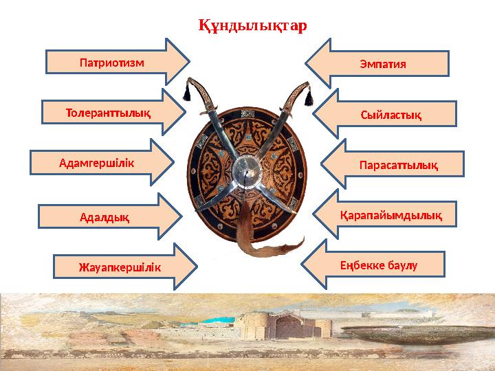Патриотизм Толеранттылық Адамгершілік Адалдық Жауапкершілік Эмпатия Сыйластық Парасаттылық Қарапайымдылық Еңбекке баулу Құндылық