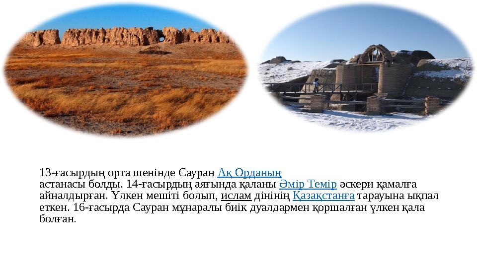 13-ғасырдың орта шенінде Сауран Ақ Орданың астанасы болды. 14-ғасырдың аяғында қаланы Әмір Темір әскери қамалға айналдырған. Ү