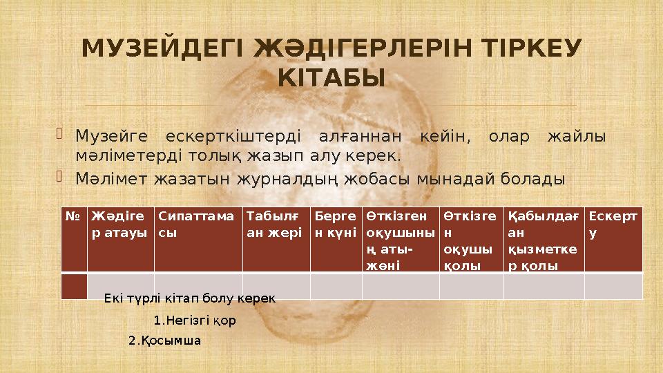  Музейге ескерткіштерді алғаннан кейін, олар жайлы мәліметерді толық жазып алу керек. Мәлімет жазатын журналдың жобасы мынад