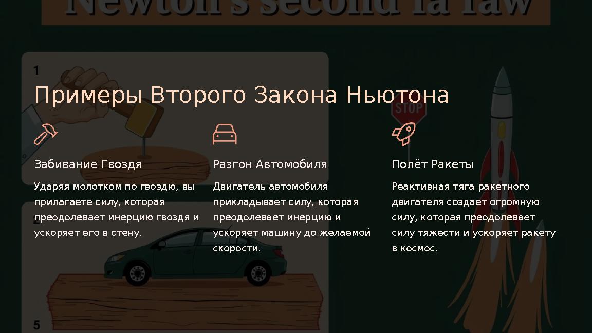 Примеры Второго Закона Ньютона Забивание Гвоздя Ударяя молотком по гвоздю, вы прилагаете силу, которая преодолевает инерцию г