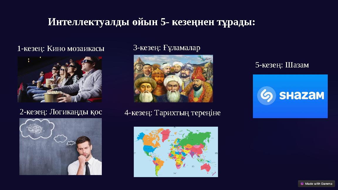 Интеллектуалды ойын 5- кезеңнен тұрады: 1-кезең: Кино мозаикасы 2-кезең: Логикаңды қос 3-кезең: Ғұламалар 4-кезең: Тарихтың тер