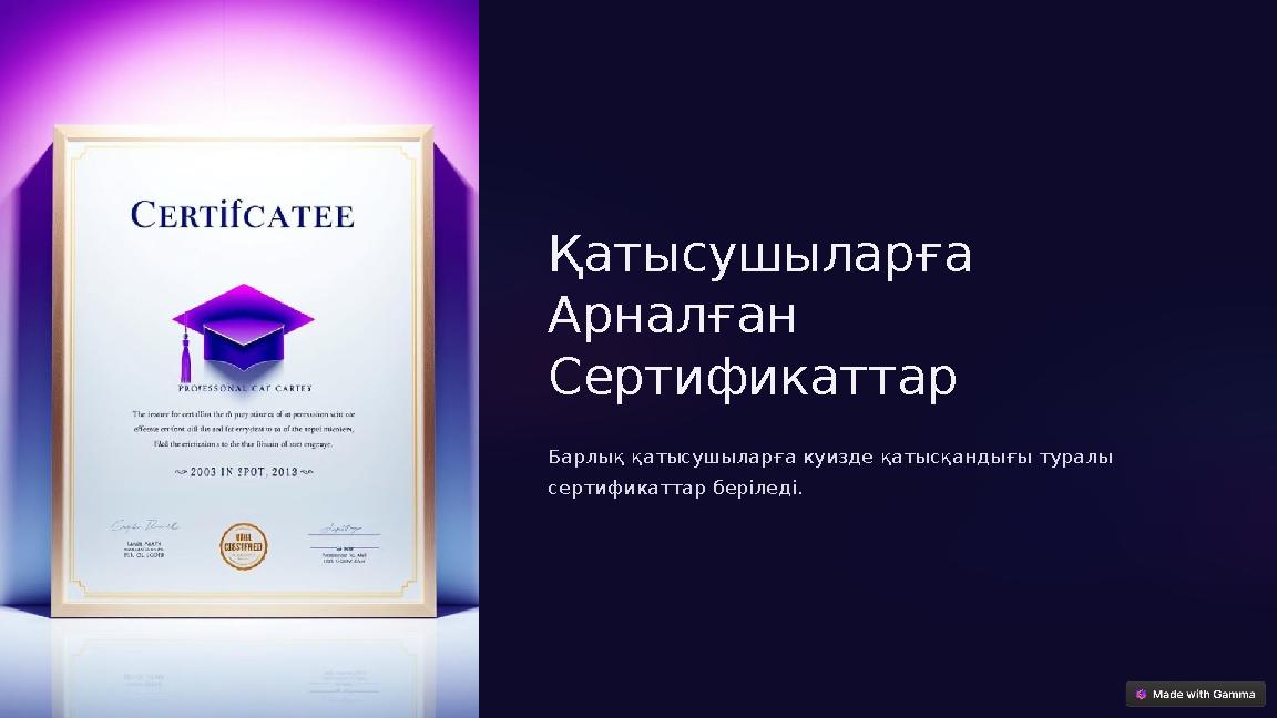 Қатысушыларға Арналған Сертификаттар Барлық қатысушыларға куизде қатысқандығы туралы сертификаттар беріледі.