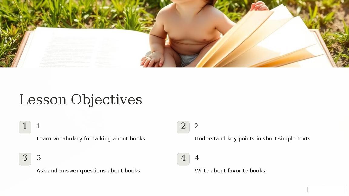 Lesson Objectives 11 Learn vocabulary for talking about books 22 Understand key points in short simple texts 33 Ask and answer