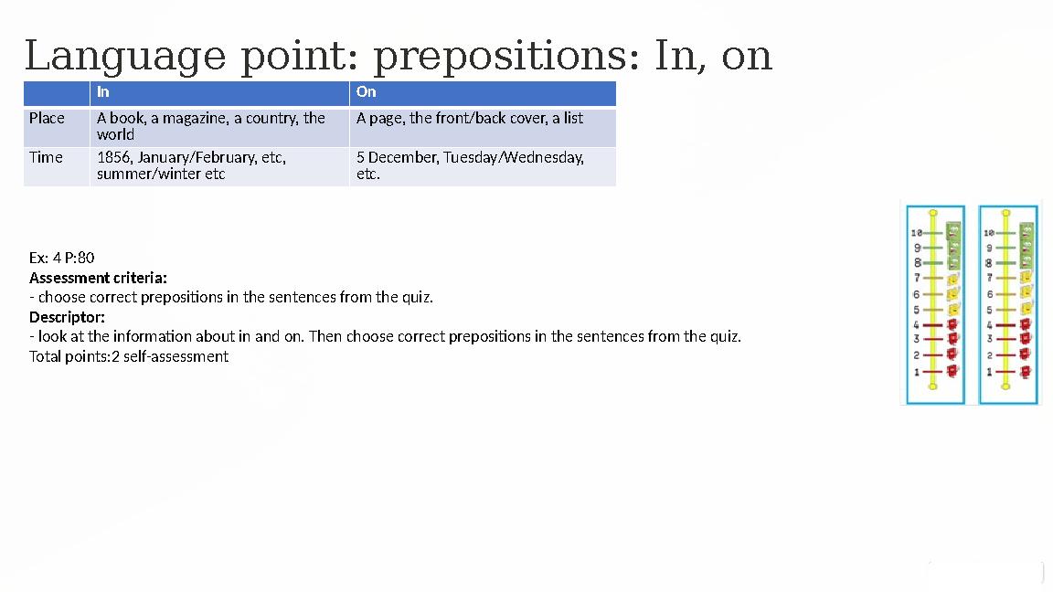 Language point: prepositions: In, on In On Place A book, a magazine, a country, the world A page, the front/back cover, a list
