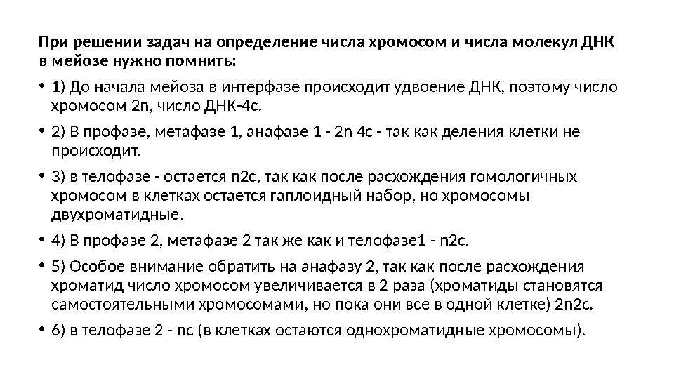 При решении задач на определение числа хромосом и числа молекул ДНК в мейозе нужно помнить: •1) До начала мейоза в интерфазе пр
