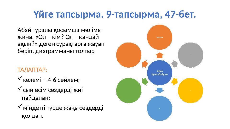 Үйге тапсырма. 9-тапсырма, 47-бет. Абай туралы қосымша мәлімет жина. «Ол – кім? Ол – қандай ақын?» деген сұрақтарға жауап бер