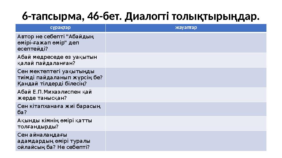 6-тапсырма, 46-бет. Диалогті толықтырыңдар. сұрақтар жауаптар Автор не себепті "Абайдың өмірі-ғажап өмір" деп есептейді? Абай