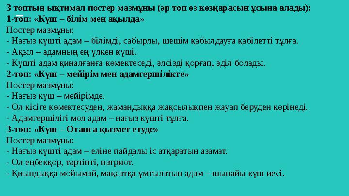 3 топтың ықтимал постер мазмұны (әр топ өз көзқарасын ұсына алады): 1-топ: «Күш – білім мен ақылда» Постер мазмұны: - Нағыз күшт