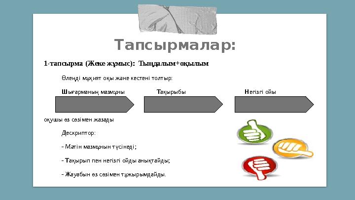 Тапсырмалар: 1-тапсырма (Жеке жұмыс): Тыңдалым+оқылым Өлеңді мұқият оқы және кестені толтыр: Шығарманың мазмұны