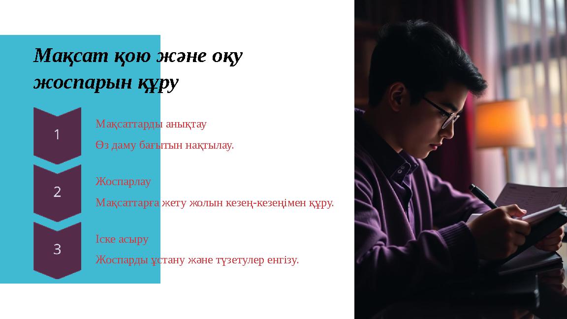 Мақсат қою және оқу жоспарын құру Мақсаттарды анықтау Өз даму бағытын нақтылау. Жоспарлау Мақсаттарға жету жолын кезең-кезеңім