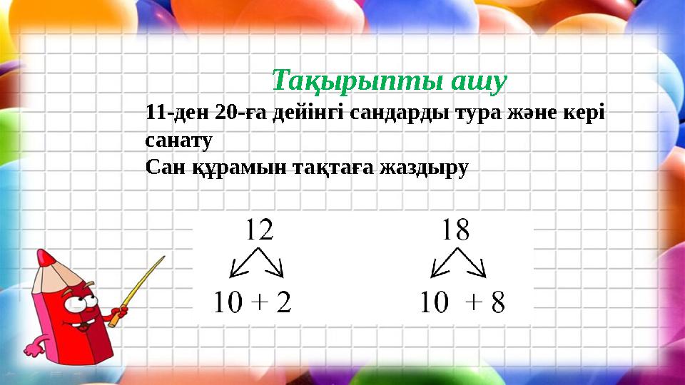 Тақырыпты ашу 11-ден 20-ға дейінгі сандарды тура және кері санату Сан құрамын тақтаға жаздыру