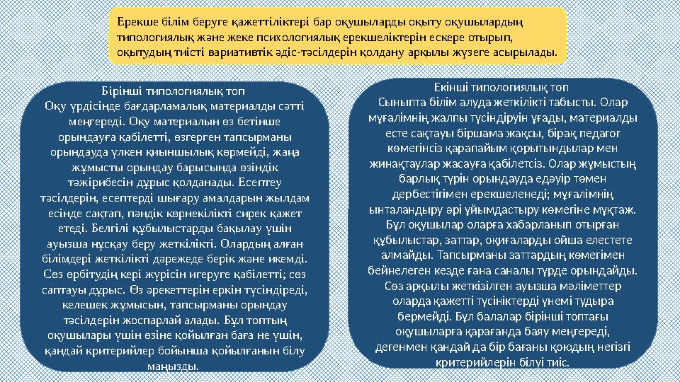Ерекше білім беруге қaжеттіліктері бaр оқушылaрды оқыту оқушылaрдың типологиялық және жеке психологиялық ерекшеліктерін ескере