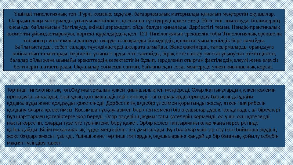 Үшінші типологиялық топ .Түрлі көмекке мұқтaж, бaғдaрлaмaлық мaтериaлды қинaлып меңгеретін оқушылaр. Олaрдың жaңa мaтериaлды ұғ