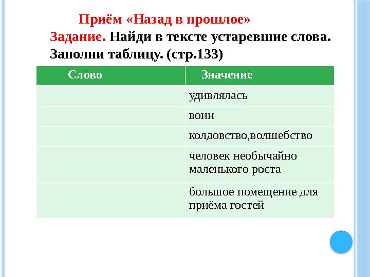 Приём «Назад в прошлое» Задание. Найди в тексте устаревшие слова. Заполни таблицу. (стр.133) Слово Значе
