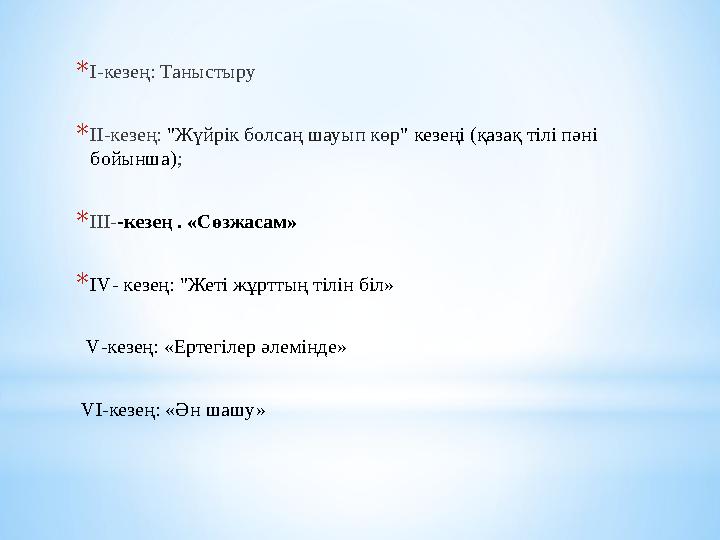 *І-кезең: Таныстыру *ІІ-кезең: "Жүйрік болсаң шауып көр" кезеңі (қазақ тілі пәні бойынша); *ІІІ--кезең . «Сөзжасам» *ІV- кезең: