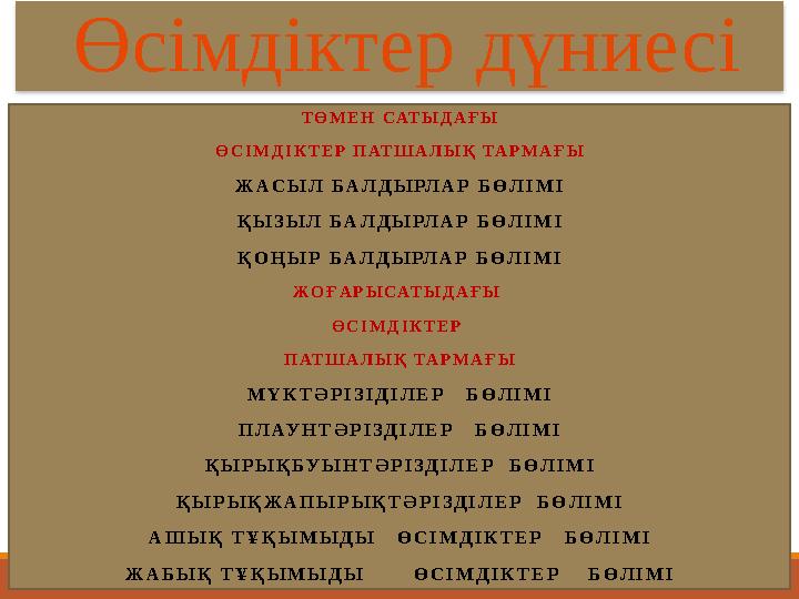 Өсімдіктер дүниесі ТӨМЕН САТЫДАҒЫ ӨСІМДІКТЕР ПАТШАЛЫҚ ТАРМАҒЫ ЖАСЫЛ БАЛДЫРЛАР БӨЛІМІ ҚЫЗЫЛ БАЛДЫРЛАР БӨЛІМІ ҚОҢЫР БАЛДЫРЛАР БӨЛ