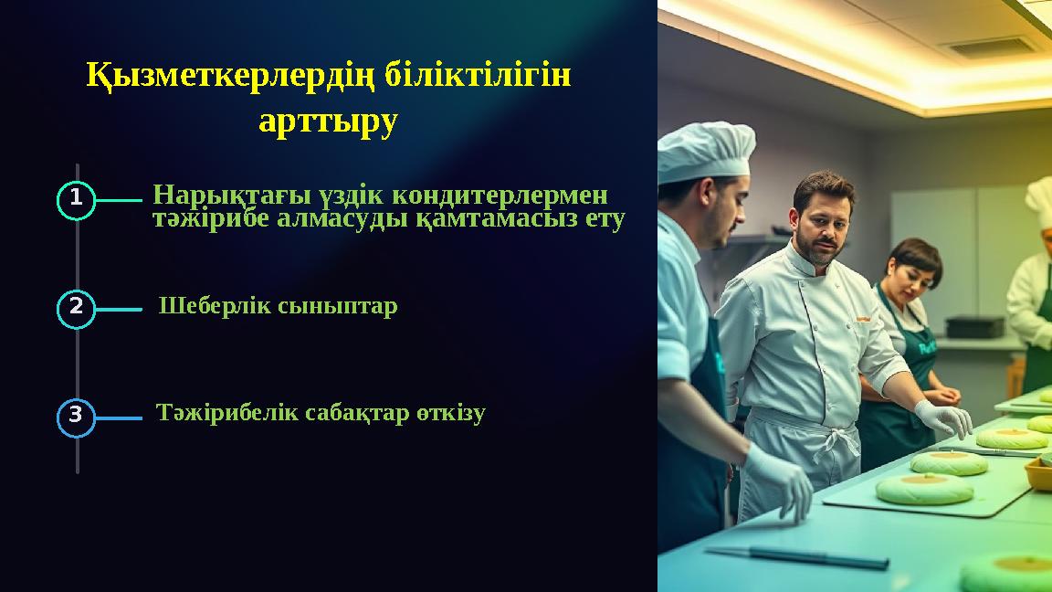 Қызметкерлердің біліктілігін арттыру 1 2 Шеберлік сыныптар Тәжірибелік сабақтар өткізу3 Нарықтағы үздік кондитерлермен тәжір