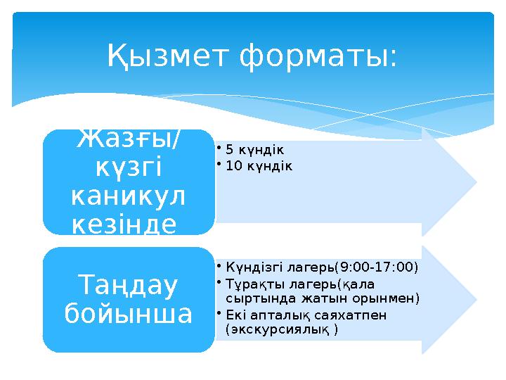 Қызмет форматы: •5 күндік •10 күндік Жазғы/ күзгі каникул кезінде •Күндізгі лагерь(9:00-17:00) •Тұрақты лагерь(қала сы