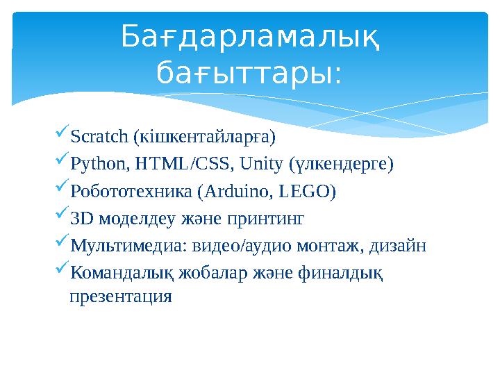 Scratch (кішкентайларға) Python, HTML/CSS, Unity (үлкендерге) Робототехника (Arduino, LEGO) 3D моделдеу және принтинг Мул