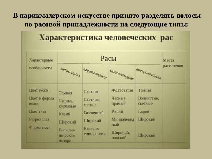 В парикмахерском искусстве принято разделять волосы по расовой принадлежности на следующие типы: