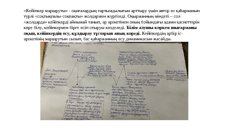 «Кейіпкер маршруты» - оқиғалардың тартымдылығын арттыру үшін автор өз қаһарманын түрлі «соқтықпалы-соқпақты» жолдармен жүргізед «Кейіпкер маршруты» - оқиғалардың тартымдылығын арттыру үшін автор өз қаһарманын түрлі «соқтықпалы-соқпақты» жолдармен жүргізед
