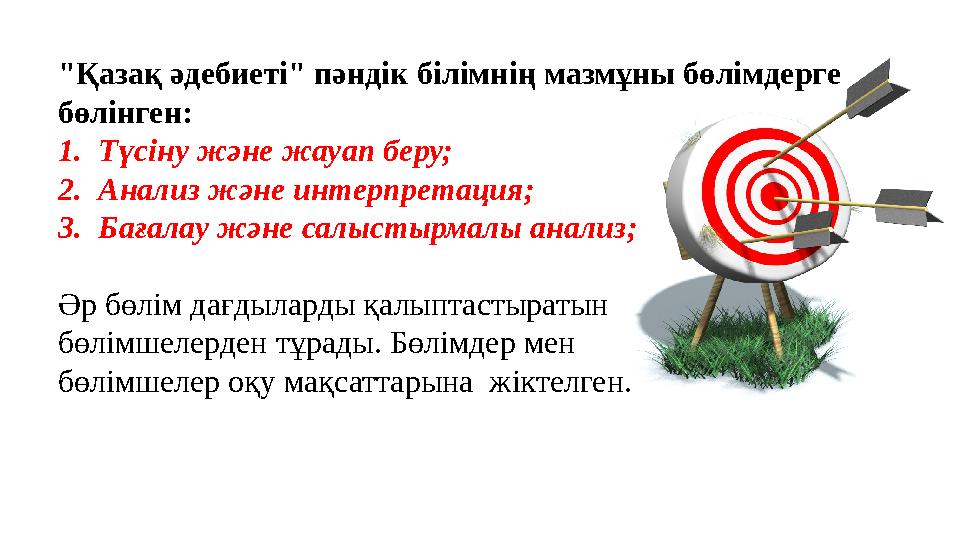 "Қазақ әдебиеті" пәндік білімнің мазмұны бөлімдерге бөлінген: 1.Түсіну және жауап беру; 2.Анализ және интерпретация; 3.Бағала "Қазақ әдебиеті" пәндік білімнің мазмұны бөлімдерге бөлінген: 1.Түсіну және жауап беру; 2.Анализ және интерпретация; 3.Бағала
