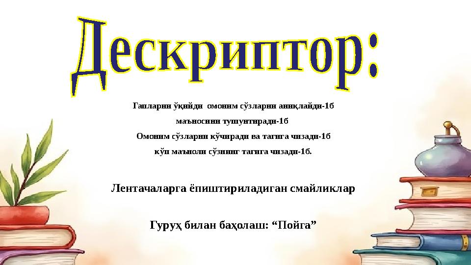 Гапларни ўқийди омоним сўзларни аниқлайди-1б маъносини тушунтиради-1б Омоним сўзларни кўчиради ва тагига чизади-1б кўп маъноли