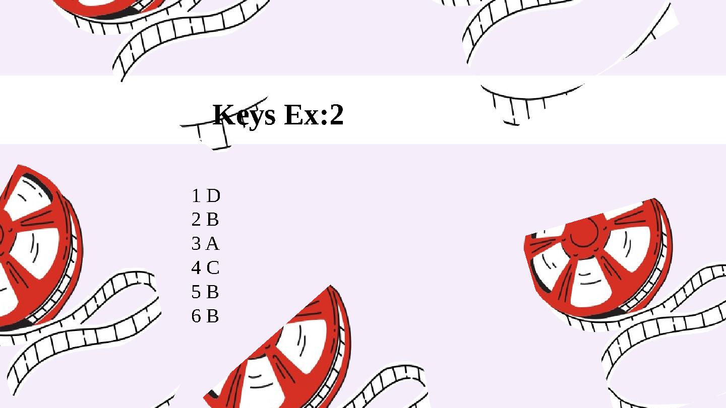 Keys Ex:2 1 D 2 B 3 A 4 C 5 B 6 B