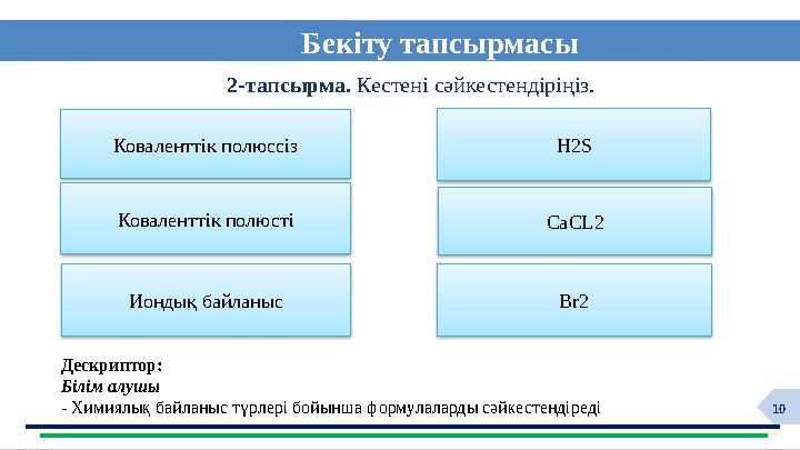 10 Бекіту тапсырмасы 2-тапсырма. Кестені сәйкестендіріңіз. Дескриптор: Білім алушы - Химиялық байланыс түрлері бойынша формула
