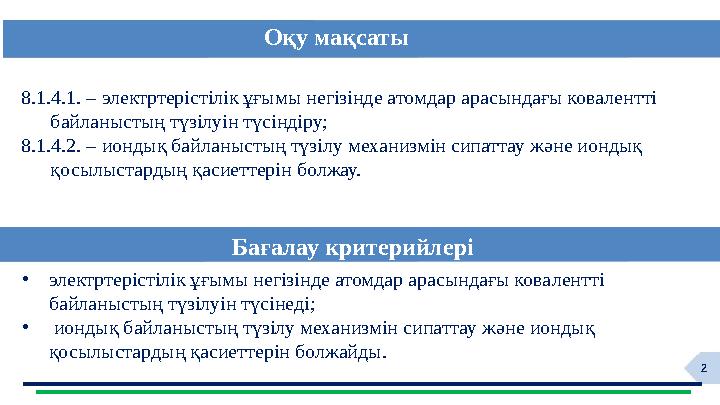 2 8.1.4.1. – электртерістілік ұғымы негізінде атомдар арасындағы ковалентті байланыстың түзілуін түсіндіру; 8.1.4.2. – иондық б