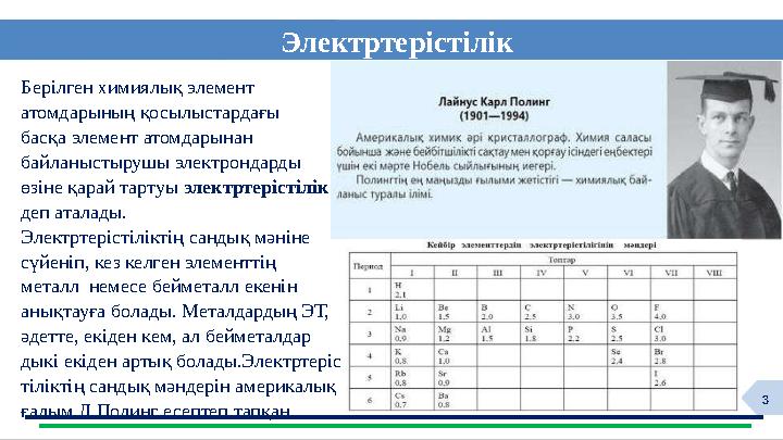 3 Электртерістілік HYG Берілген химиялық элемент атомдарының қосылыстардағы басқа элемент атомдарынан байланыстырушы электронд